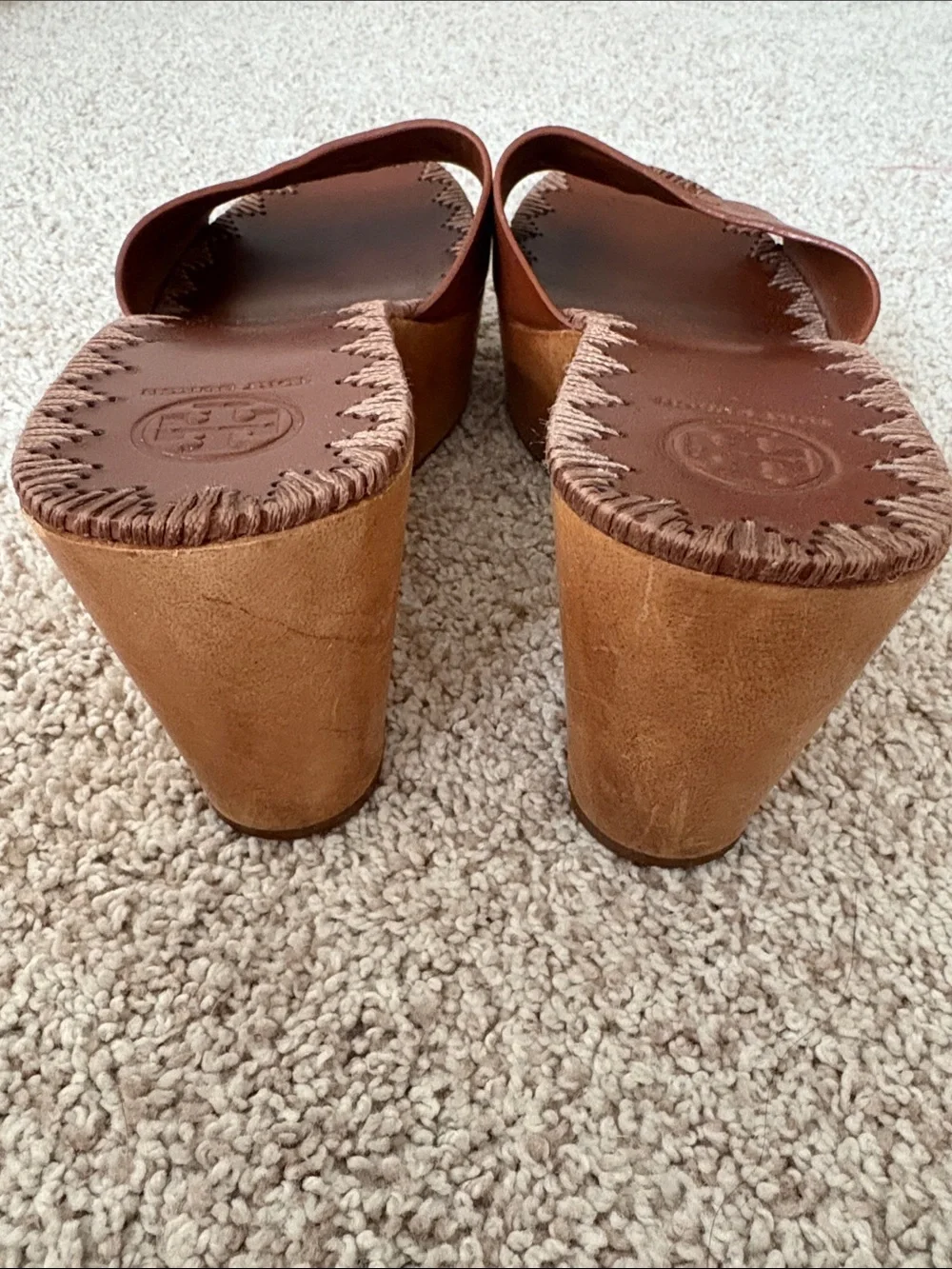 Tory Burch Patty Wedge Leather Slide Sandals in Cognac Brown